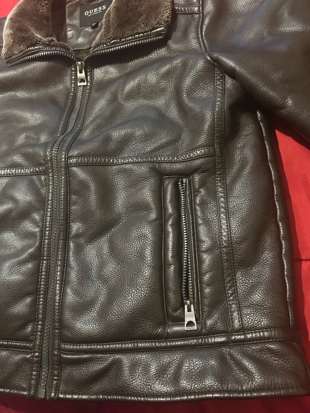 GUESS Men’s Faux Leather Bomber Jacket - Brown with Faux Fur Lining